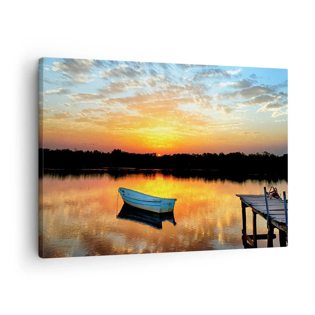 Obraz na plátně - Loď na klidném jezeře při západu slunce - 70x50cm - Podívej, poslouchej, medituj - Moderní nástěnná dekorace do obývacího pokoje a ložnice ARTTOR