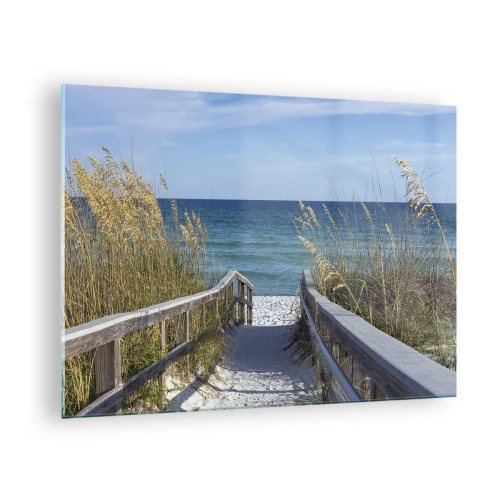 Obraz na skle - Cesta k pláži s výhledem na moře - 70x50cm - Na slunci, ve větru - Moderní nástěnná dekorace do obývacího pokoje a ložnice ARTTOR