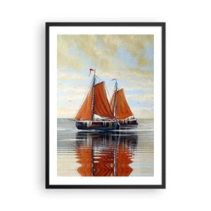 Plakát v černém rámu - Plachetnice na klidné vodě s červenými plachtami - 50x70cm - Pluj, námořníku… - Moderní nástěnná dekorace do obývacího pokoje a ložnice ARTTOR