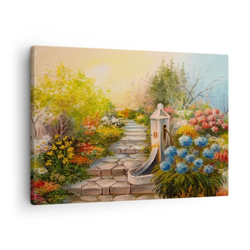 Obraz na plátně - Malebná zahrada s fontánou a barevnými květinami - 70x50cm - V plném rozkvětu - Moderní nástěnná dekorace do obývacího pokoje a ložnice ARTTOR