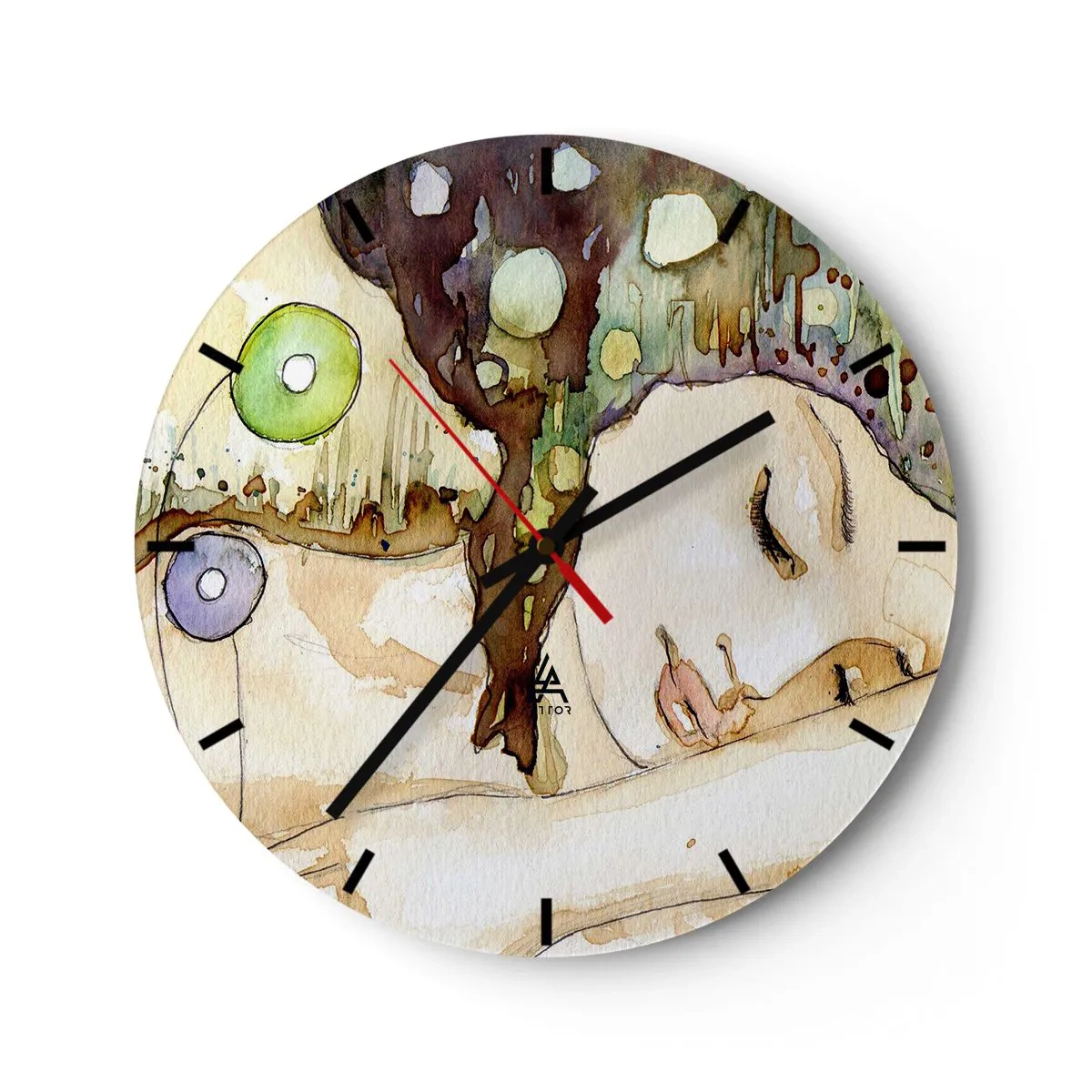 Nástěnné hodiny - Abstraktní akvarel s motivem ženské tváře - 30x30cm - Smaragdově-fialový sen - Moderní nástěnná dekorace do obývacího pokoje, kuchyně a ložnice ARTTOR