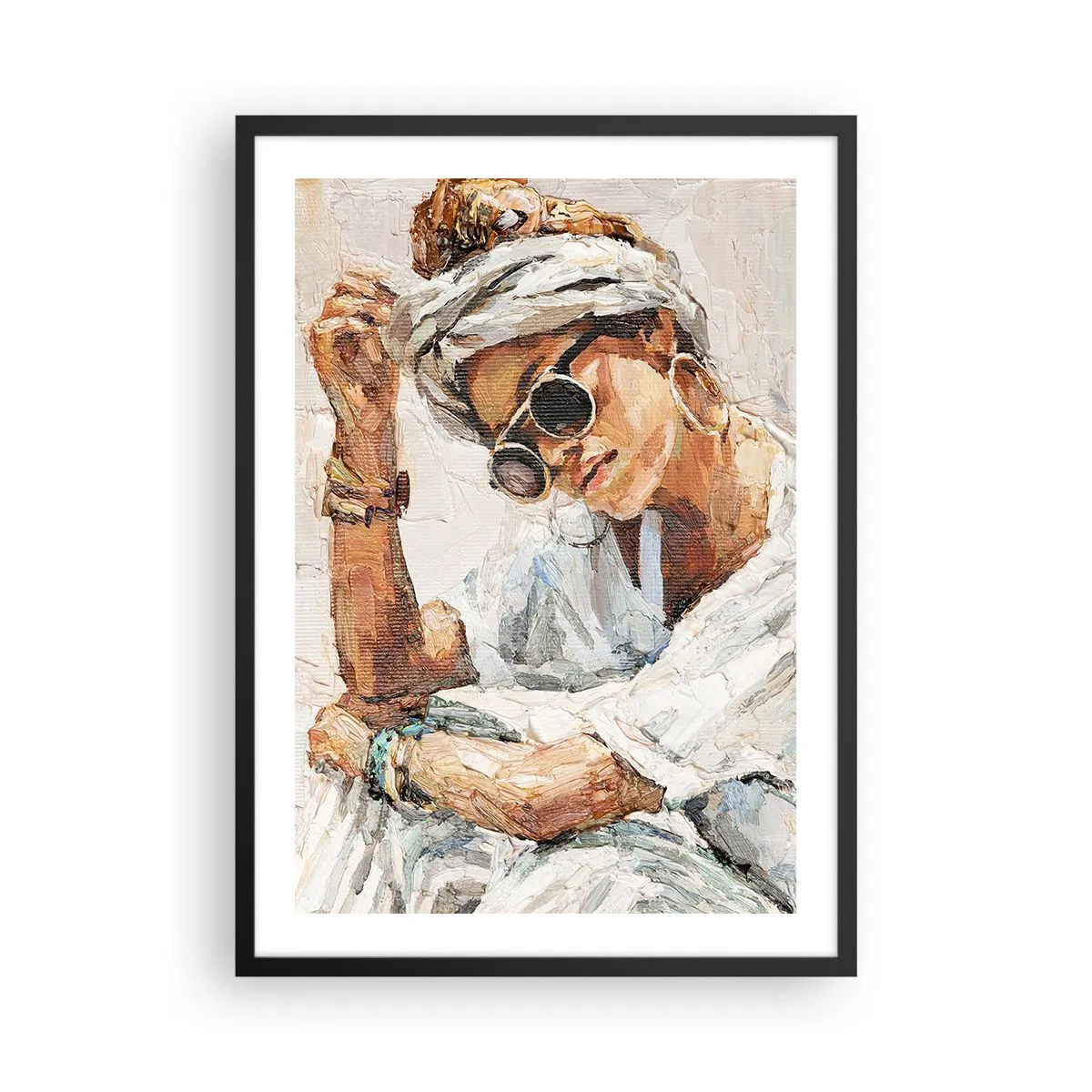 Plakát v černém rámu - Portrét ženy s brýlemi a turbanem v impresionistickém stylu - 50x70cm - Portrét v plném slunci - Moderní nástěnná dekorace do obývacího pokoje a ložnice ARTTOR