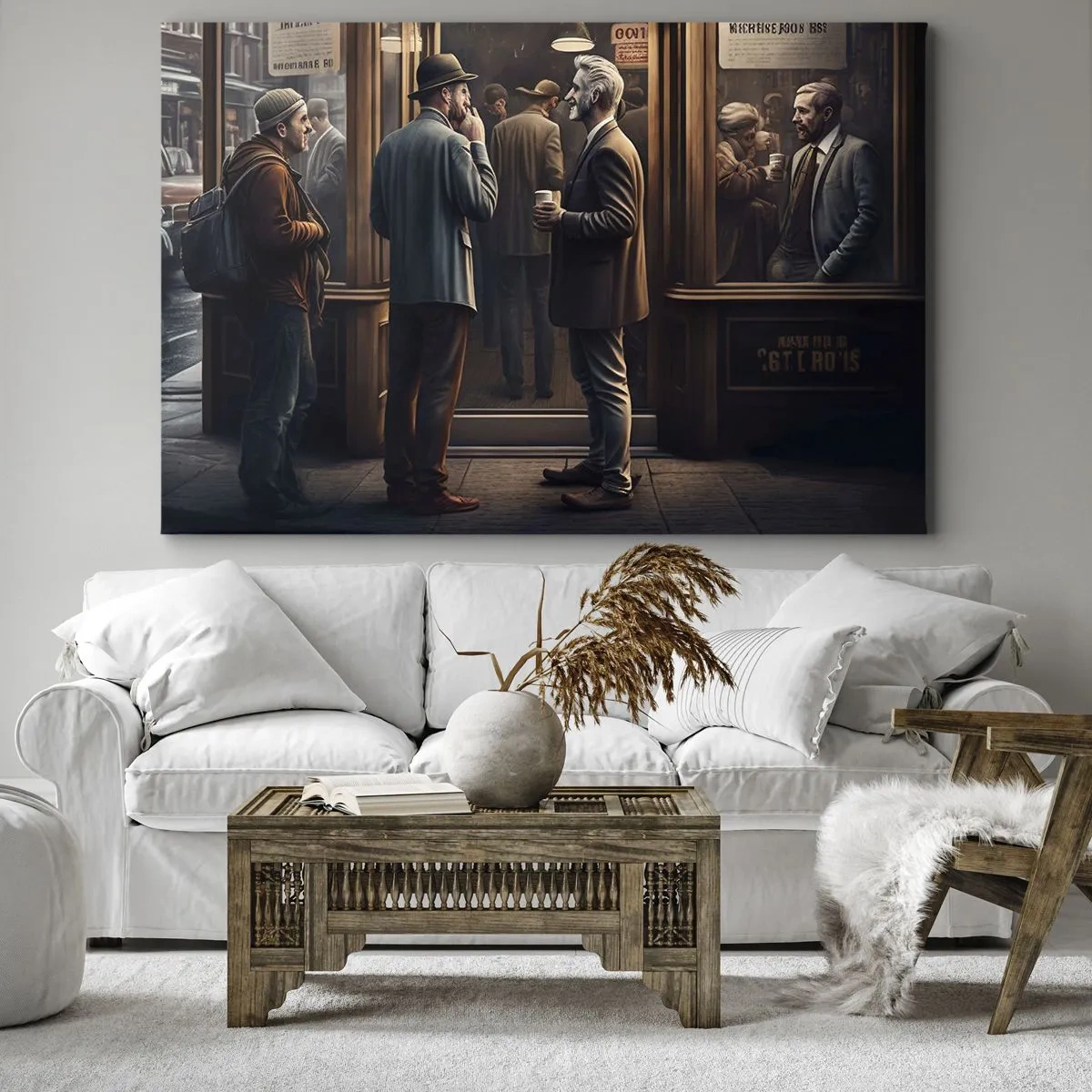 Obraz na plátně - Pouliční scéna s lidmi před retro kavárnou - 70x50cm - Dobrá chvíle dne - Moderní nástěnná dekorace do obývacího pokoje a ložnice ARTTOR