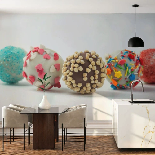 Fototapeta Standard Eco - Barevné pralinky s ozdobným posypem na bílém pozadí - 100x70cm - Život může být sladký - Moderní nástěnná dekorace do obývacího pokoje a ložnice ARTTOR