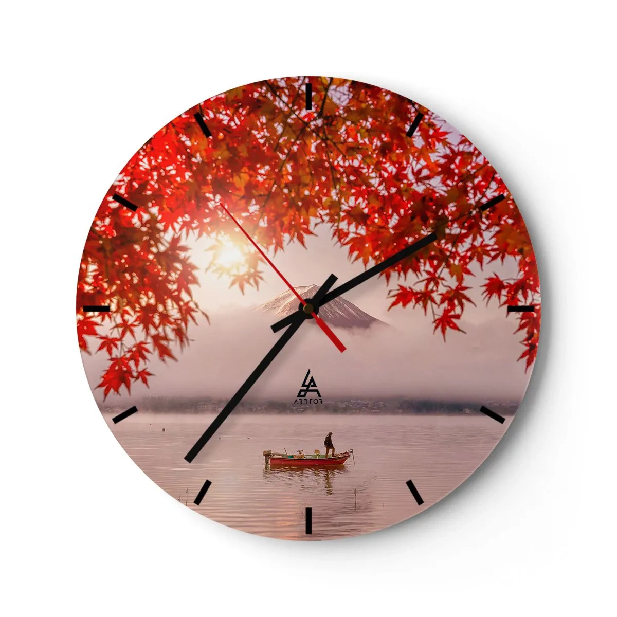 Nástěnné hodiny - Podzimní listí s horou Fudži v pozadí a lodí na jezeře - 30x30cm - V japonském stylu - Moderní nástěnná dekorace do obývacího pokoje, kuchyně a ložnice ARTTOR