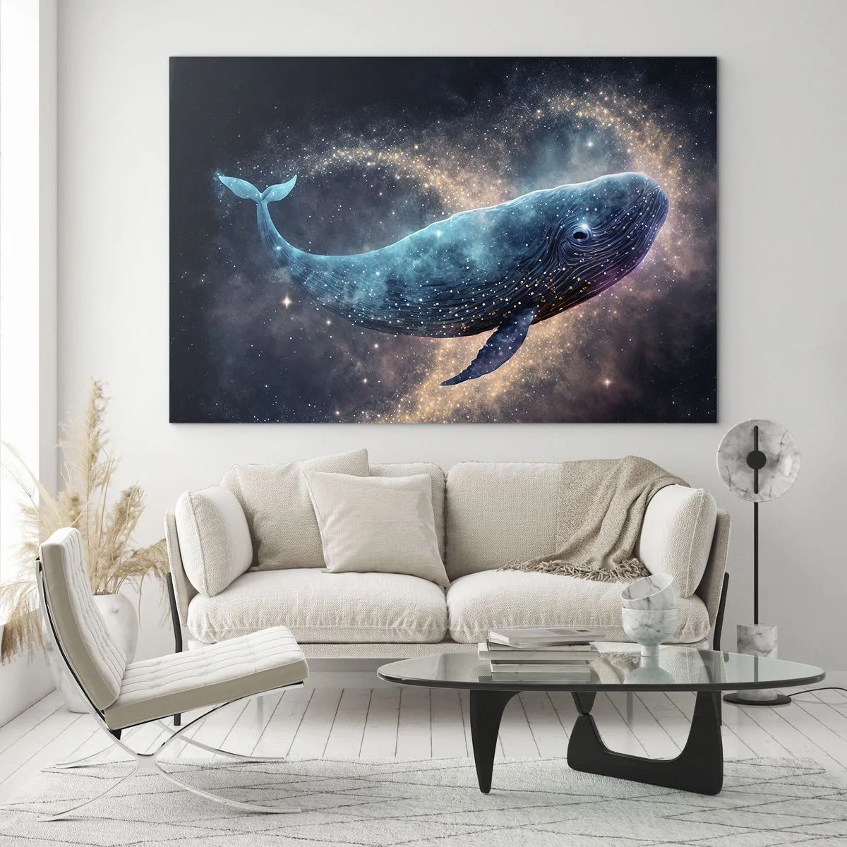 Obraz na skle - Modrá velryba plující v galaxii - 70x50cm - Je takový svět… - Moderní nástěnná dekorace do obývacího pokoje a ložnice ARTTOR