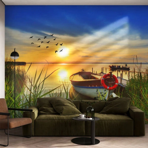 Fototapeta Samolepicí Deluxe Sticker - Kormoráni už odlétají - Krajina, jezero, Západ slunce - 100x70 cm