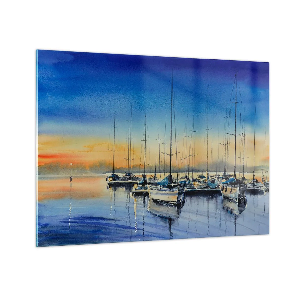 Obraz na skle - Plachetnice v přístavu při západu slunce - 70x50cm - Konec dobrého dne - Moderní nástěnná dekorace do obývacího pokoje a ložnice ARTTOR