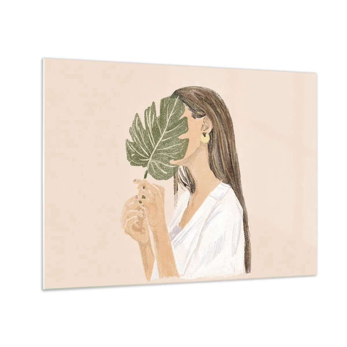 Obraz na skle - Žena s dlouhými vlasy držící list před obličejem. - 70x50cm - Tajemný portrét s vějířem - Moderní nástěnná dekorace do obývacího pokoje a ložnice ARTTOR