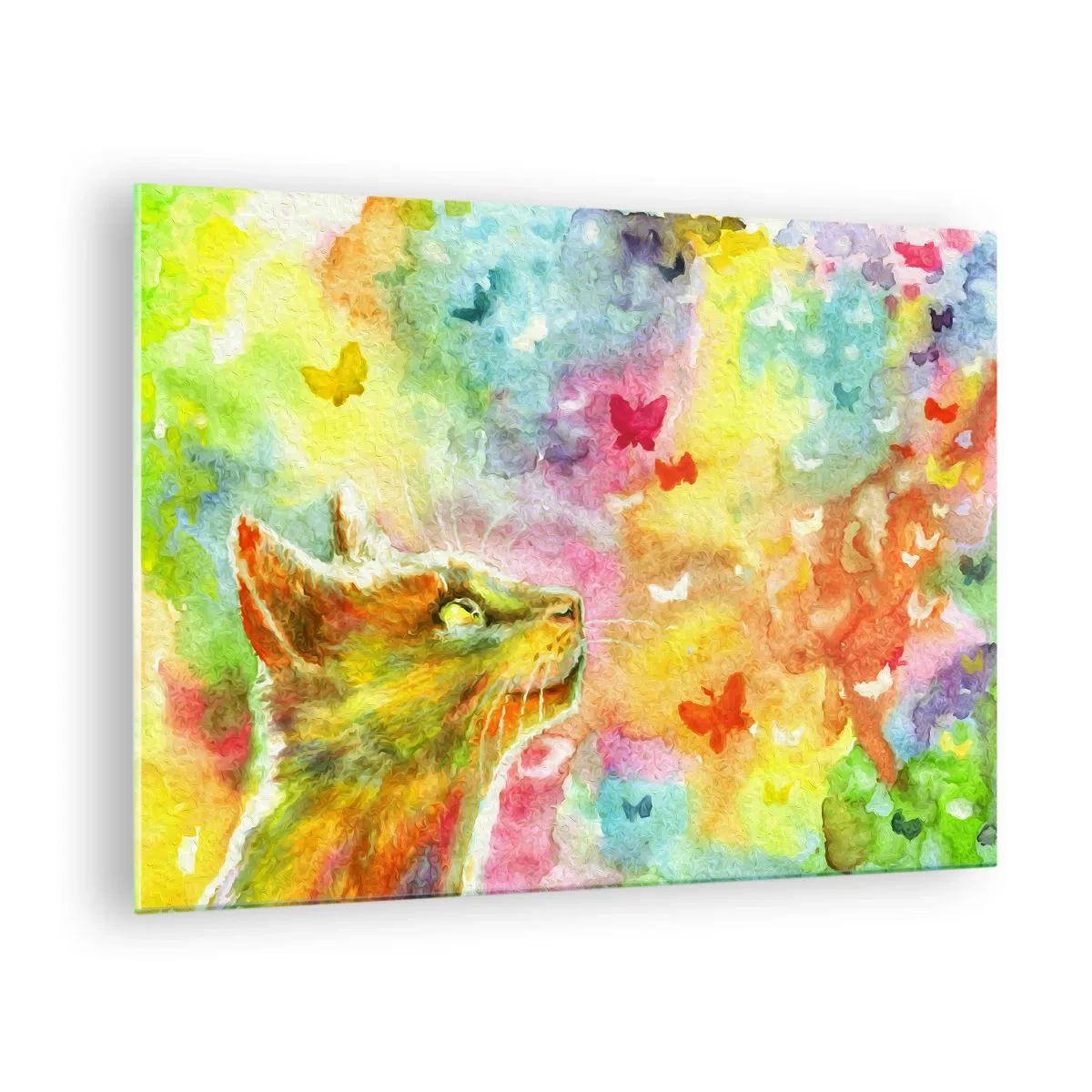Obraz na skle - Kočka pozorující barevné motýly s pastelovým pozadím. - 70x50cm - Vymýšlí nesmysly v kočičím ráji - Moderní nástěnná dekorace do obývacího pokoje a ložnice ARTTOR