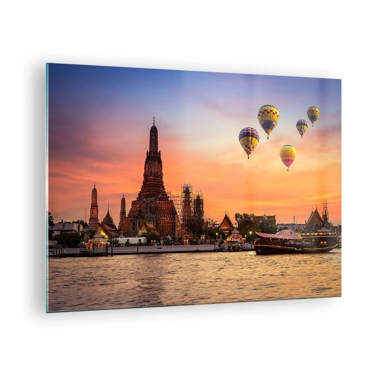Obraz na skle - Chrám u řeky při západu slunce s balónky - 70x50cm - Zde se rodí básně - Moderní nástěnná dekorace do obývacího pokoje a ložnice ARTTOR