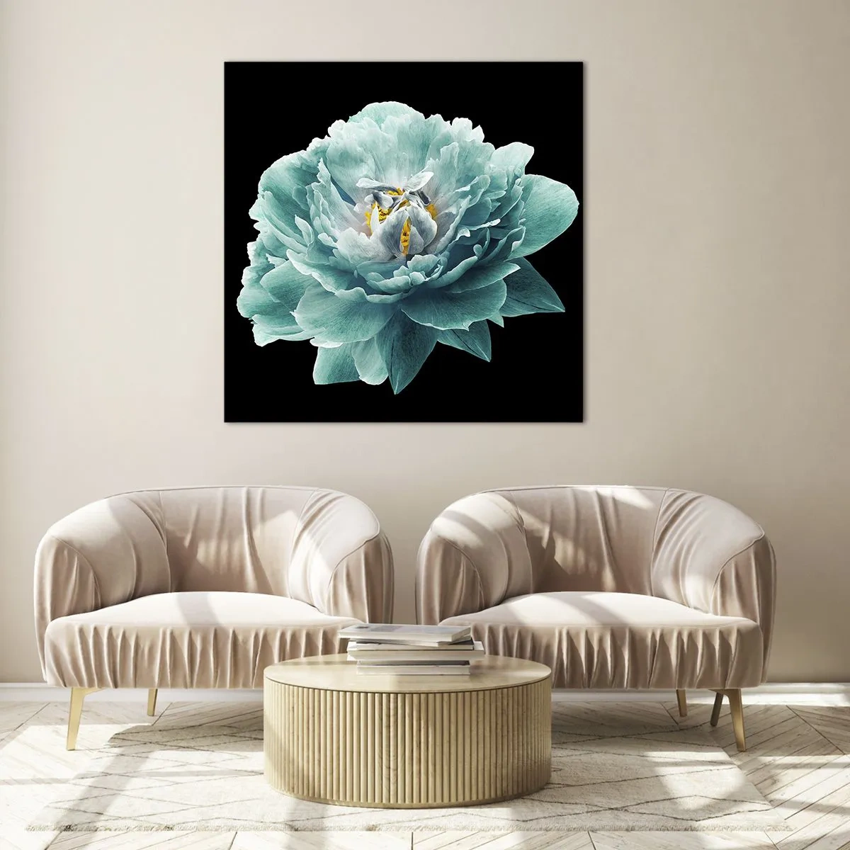 Obraz na skle - Modré a zlaté okvětní lístky - 50x50 cm