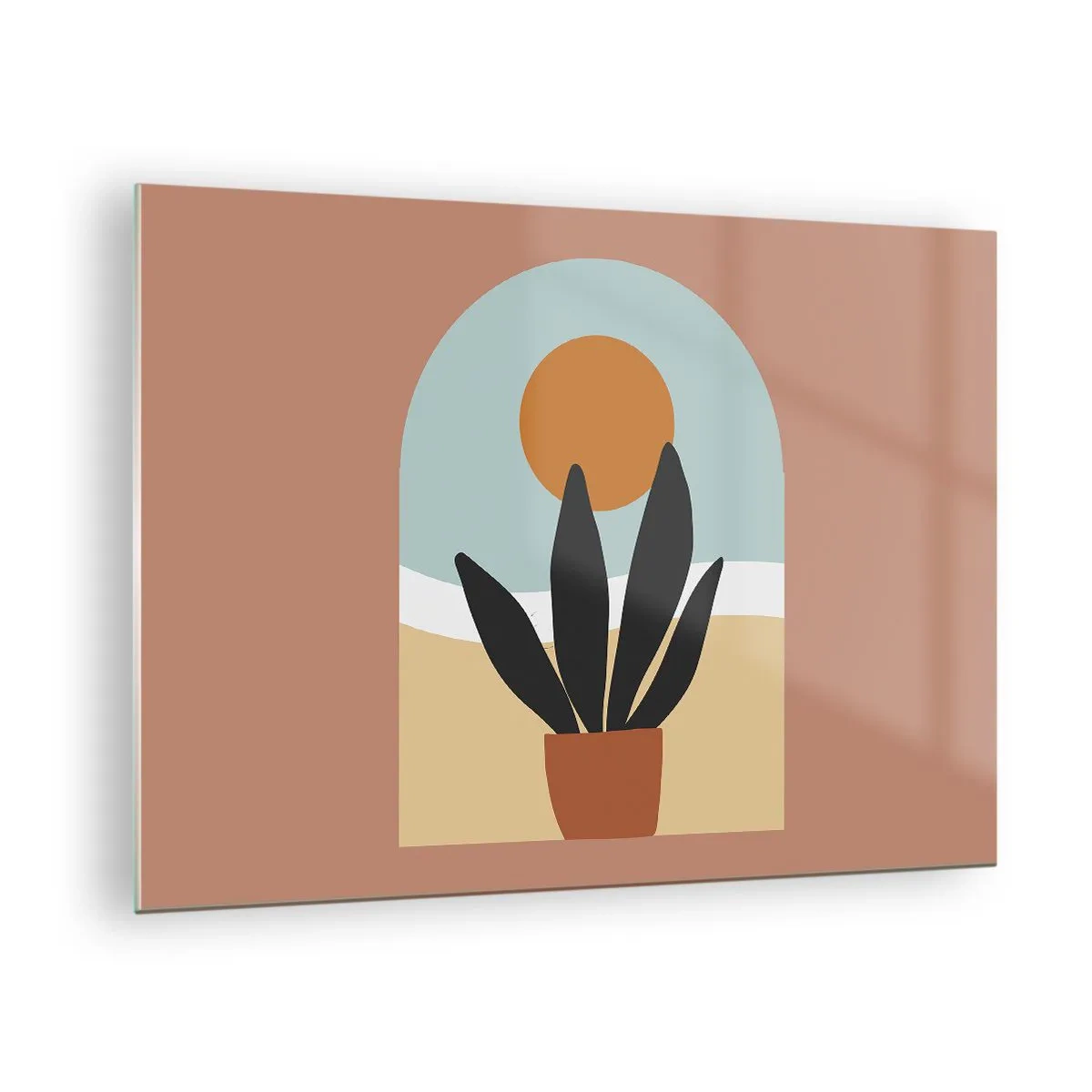 Obraz na skle - Abstraktní scéna s květináčem a sluncem v pozadí, v pastelových barvách. - 70x50cm - Malé radosti - Moderní nástěnná dekorace do obývacího pokoje a ložnice ARTTOR