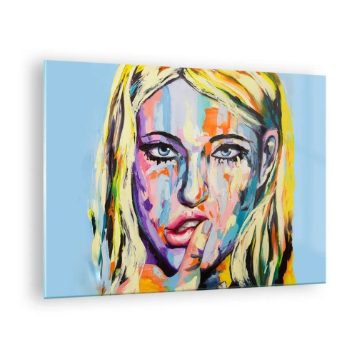 Obraz na skle - Barevný portrét ženy se zamyšleným výrazem - 70x50cm - Podívej se jí přímo do očí - Moderní nástěnná dekorace do obývacího pokoje a ložnice ARTTOR