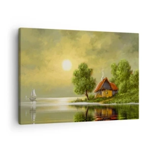 Obraz na plátně - Dům u jezera ve světle západu slunce - 70x50cm - Krásně, jako z obrázku - Moderní nástěnná dekorace do obývacího pokoje a ložnice ARTTOR