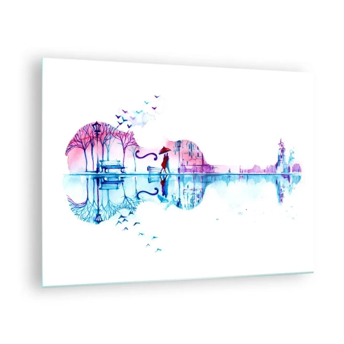 Obraz na skle - Krajina ve tvaru kytary v akvarelovém stylu - 70x50cm - Přinesu vám dešťové písně - Moderní nástěnná dekorace do obývacího pokoje a ložnice ARTTOR