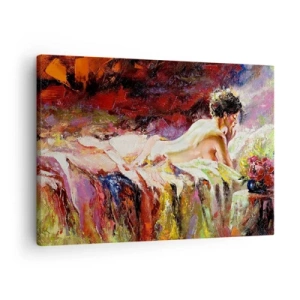 Obraz na plátně - Žena ležící na posteli na pozadí abstraktních barev. - 70x50cm - Zamyšlená Venuše - Moderní nástěnná dekorace do obývacího pokoje a ložnice ARTTOR