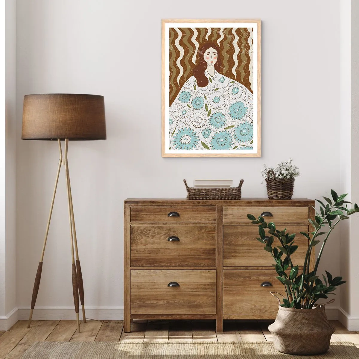 Plakát v rámu světlý dub - Portrét v květinovém rouchu - 70x100 cm