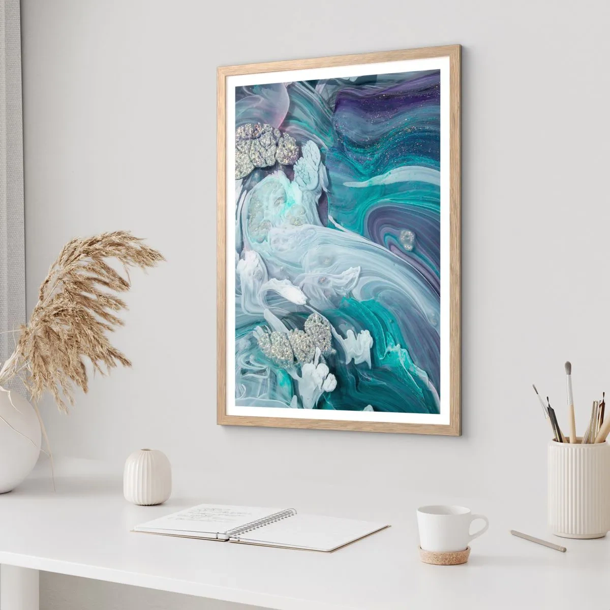 Plakát v rámu světlý dub - Proudy modré - 70x100 cm