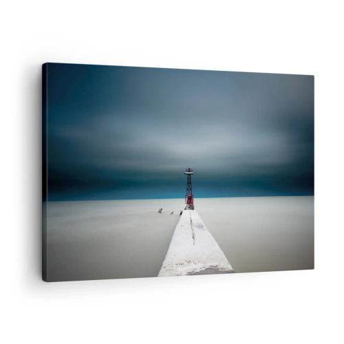Obraz na plátně - Maják na konci betonového mola v drsné krajině - 70x50cm - Setkat se s nekonečnem - Moderní nástěnná dekorace do obývacího pokoje a ložnice ARTTOR