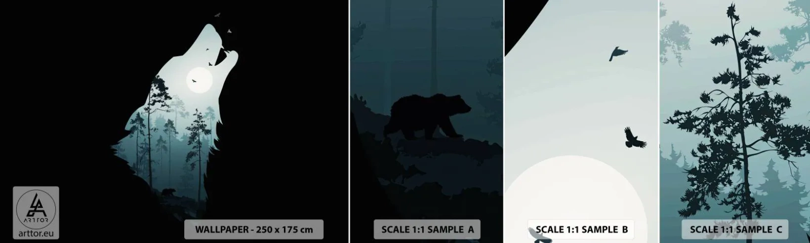 Vzor Fototapety Samolepicí Deluxe Sticker - Hlas lesní noci - Abstrakce, Medvěd, Jeskyně - 100x30 cm