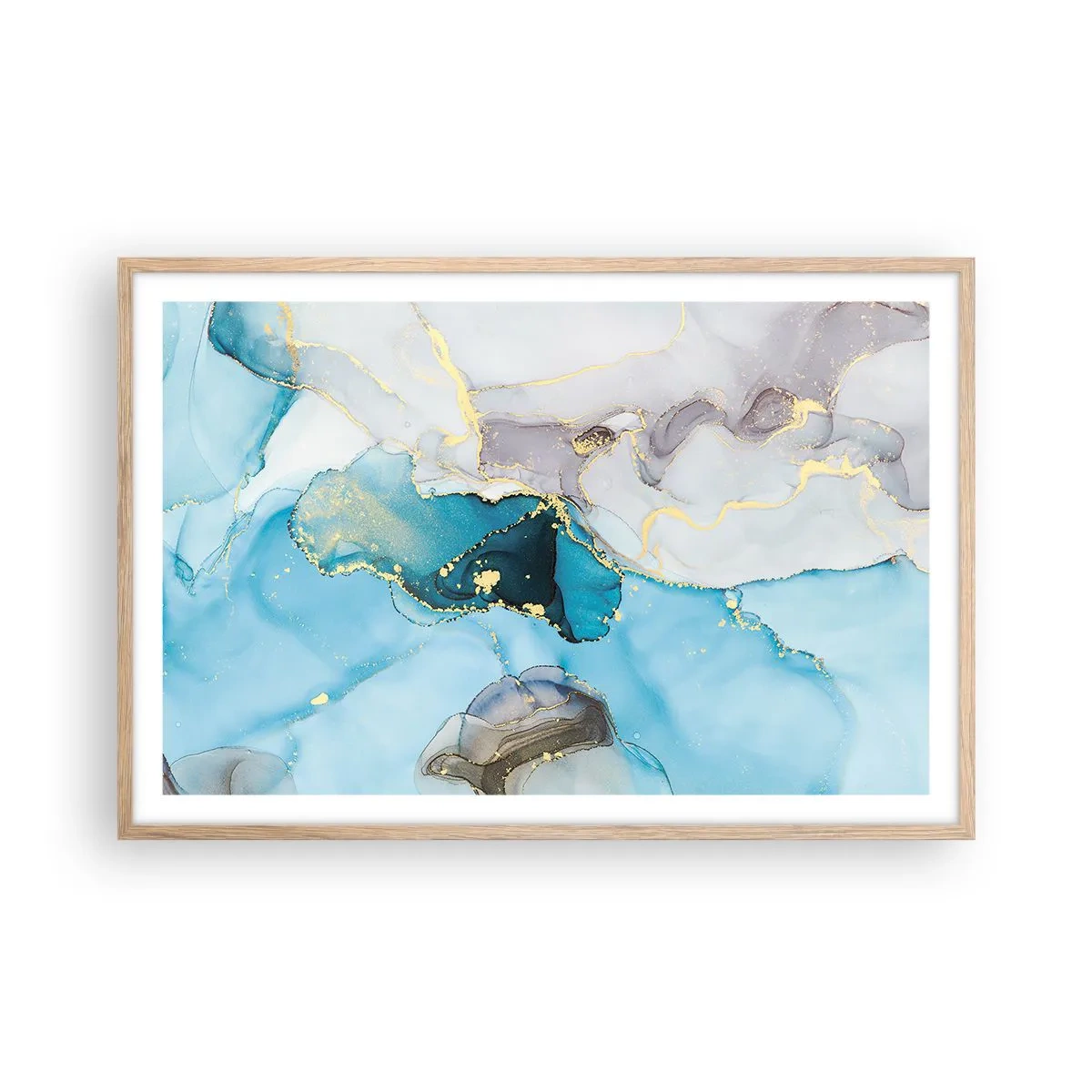 Plakát v rámu světlý dub - Studie o setkání šedé a tyrkysové - 91x61 cm