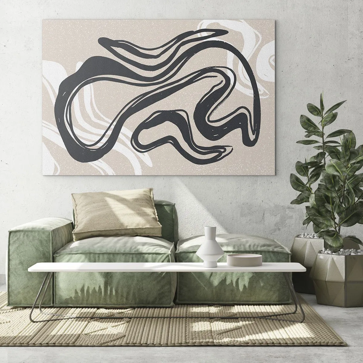 Obraz na skle - Expresivní černá čára na béžovém pozadí v abstraktním stylu. - 70x50cm - Znásobená exprese - Moderní nástěnná dekorace do obývacího pokoje a ložnice ARTTOR
