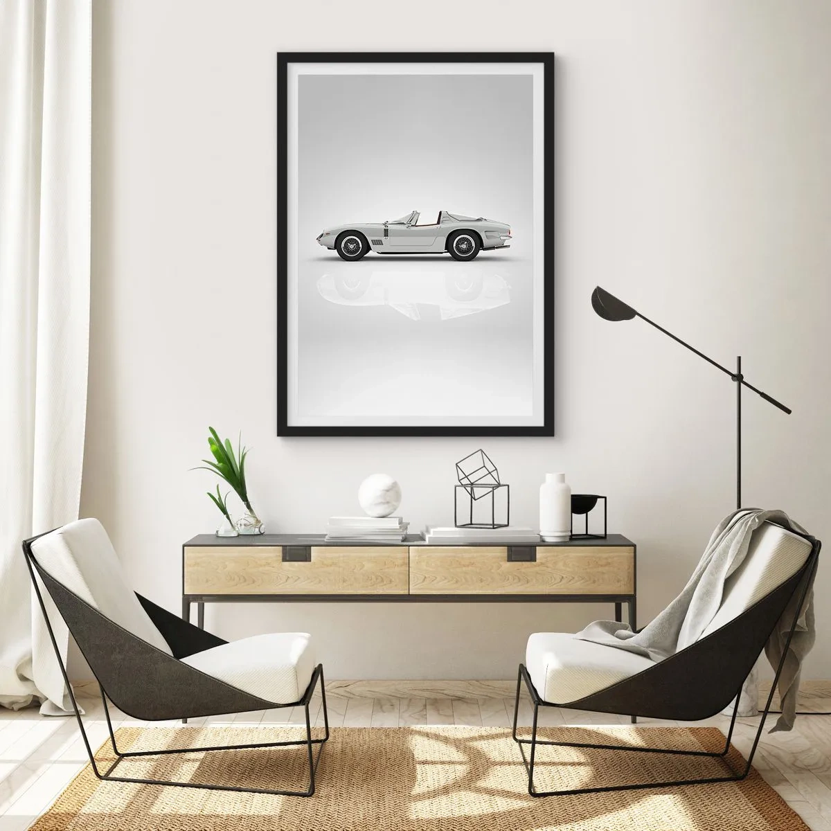 Plakát v černém rámu - Klasický bílý kabriolet na neutrálním pozadí - 50x70cm - Příslib zábavy - Moderní nástěnná dekorace do obývacího pokoje a ložnice ARTTOR