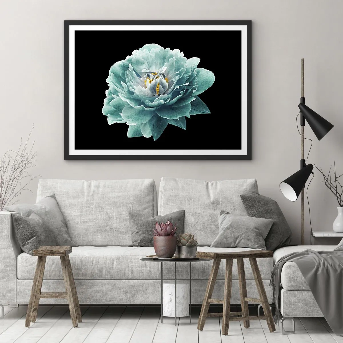 Plakát v černém rámu - Modré a zlaté okvětní lístky - 100x70 cm