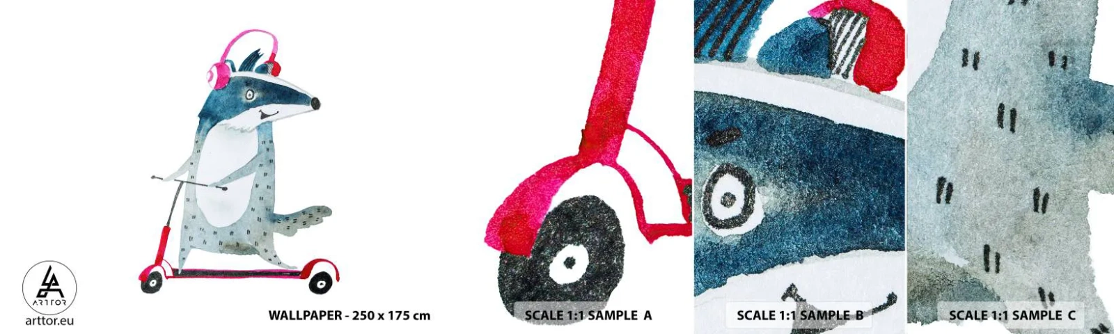 Vzor Fototapety Samolepicí Deluxe Sticker - Jezevčí radosti - Dětské, Koloběžka, Zvíře - 100x30 cm