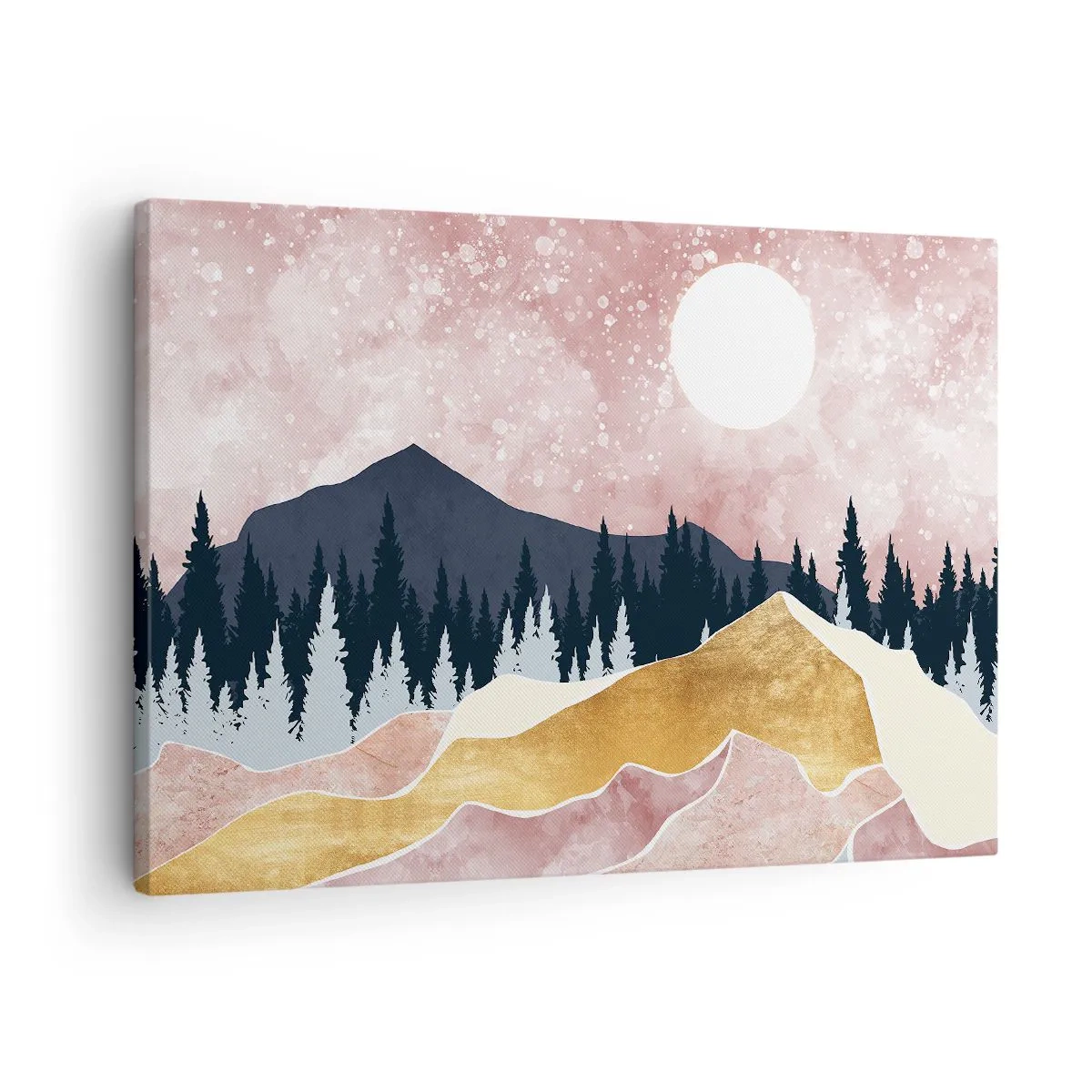 Obraz na plátně - Barevné hory proti růžové obloze s měsícem - 70x50cm - Noční hlídka - Moderní nástěnná dekorace do obývacího pokoje a ložnice ARTTOR