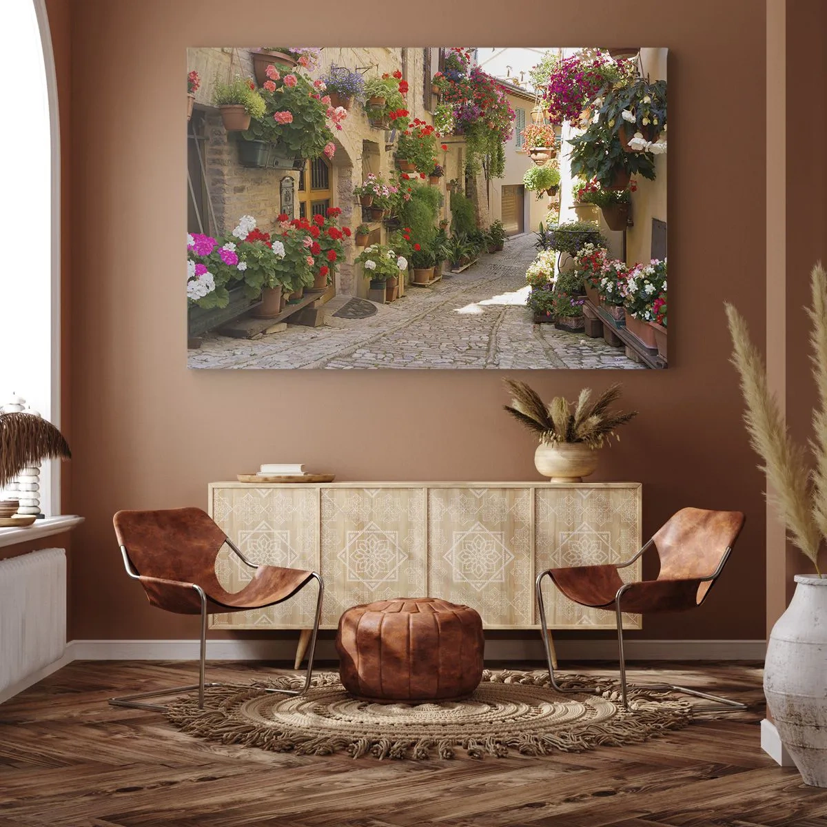 Obraz na plátně - Ulice s květinami v květináčích a kamennými zdmi - 70x50cm - V záplavě květin - Moderní nástěnná dekorace do obývacího pokoje a ložnice ARTTOR