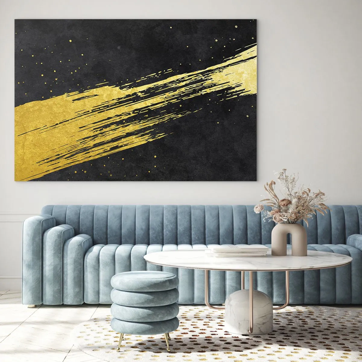Obraz na skle - Zlatý štětec na černém pozadí v dynamické, abstraktní podobě - 70x50cm - Skok do hyperprostoru - Moderní nástěnná dekorace do obývacího pokoje a ložnice ARTTOR