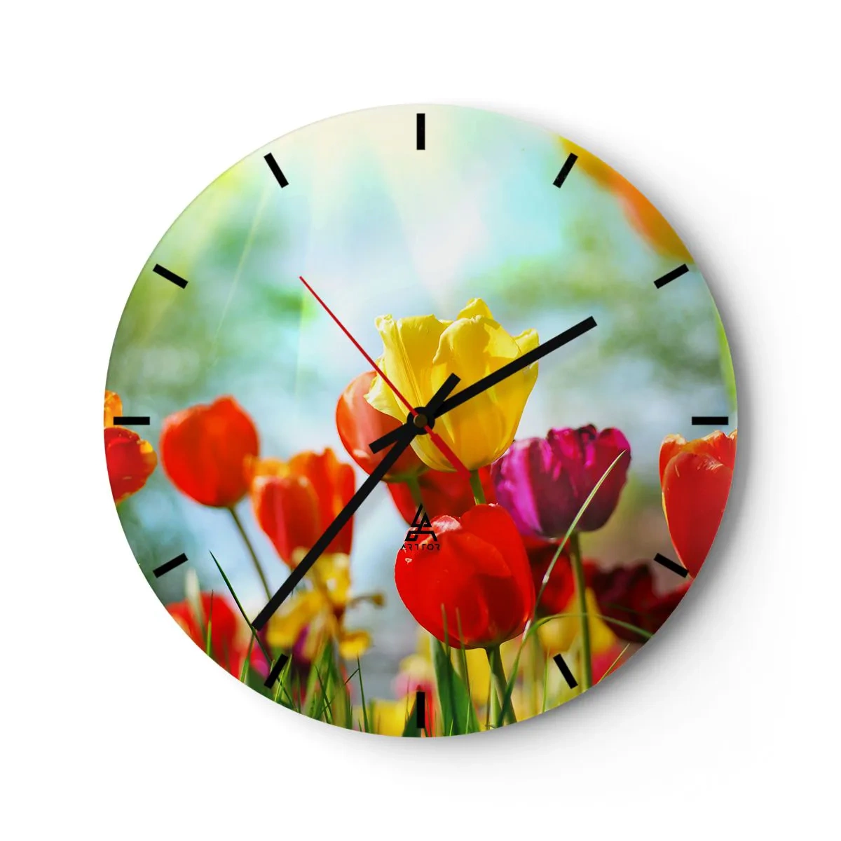 Nástěnné hodiny - Barevné tulipány ozářené slunečními paprsky - 30x30cm - Všechny barvy slunce - Moderní nástěnná dekorace do obývacího pokoje, kuchyně a ložnice ARTTOR