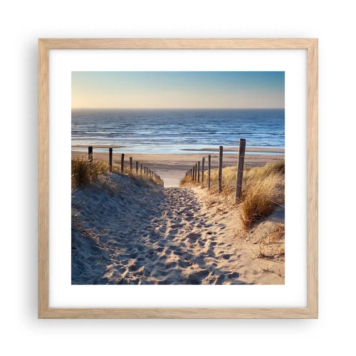 Plakát v rámu světlý dub - Šumění moře, zpěv ptáků, divoká pláž uprostřed trávy… - 40x40 cm