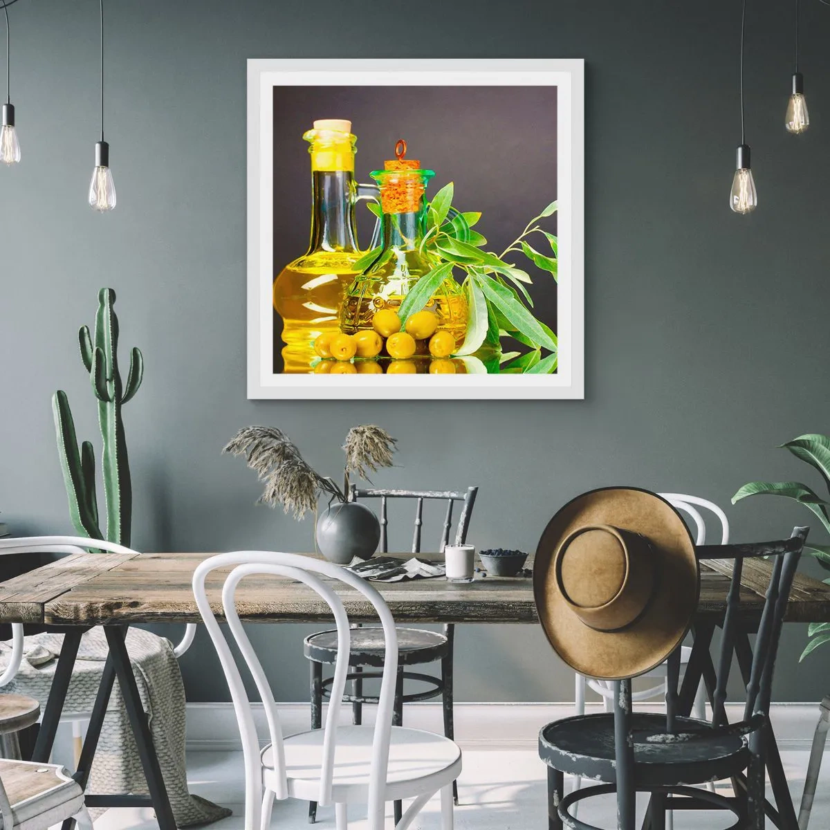 Plakát v bílém rámu - Zátiší s olivami a olejem - 50x50 cm