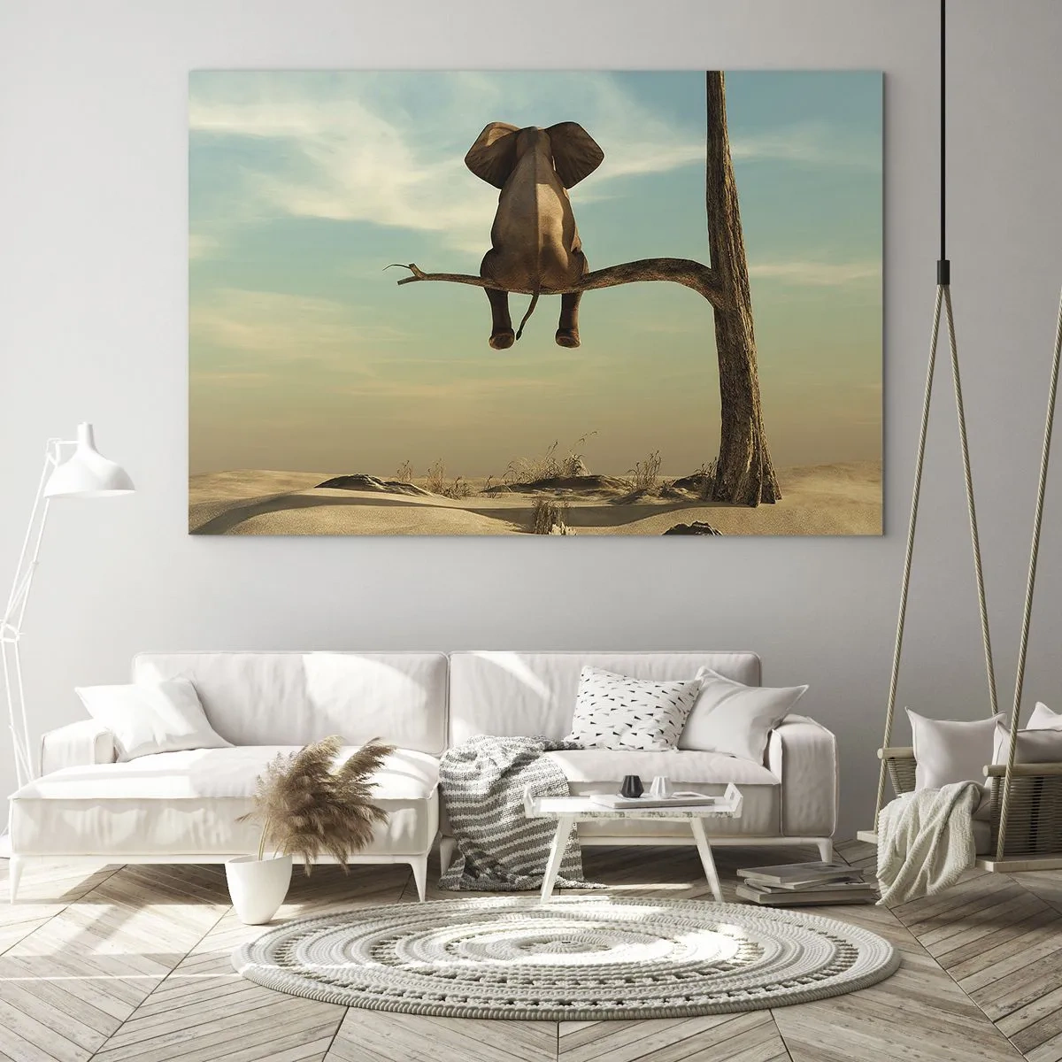 Obraz na skle - Slon na větvi stromu v surrealistickém prostředí - 70x50cm - Nový úhel pohledu - Moderní nástěnná dekorace do obývacího pokoje a ložnice ARTTOR