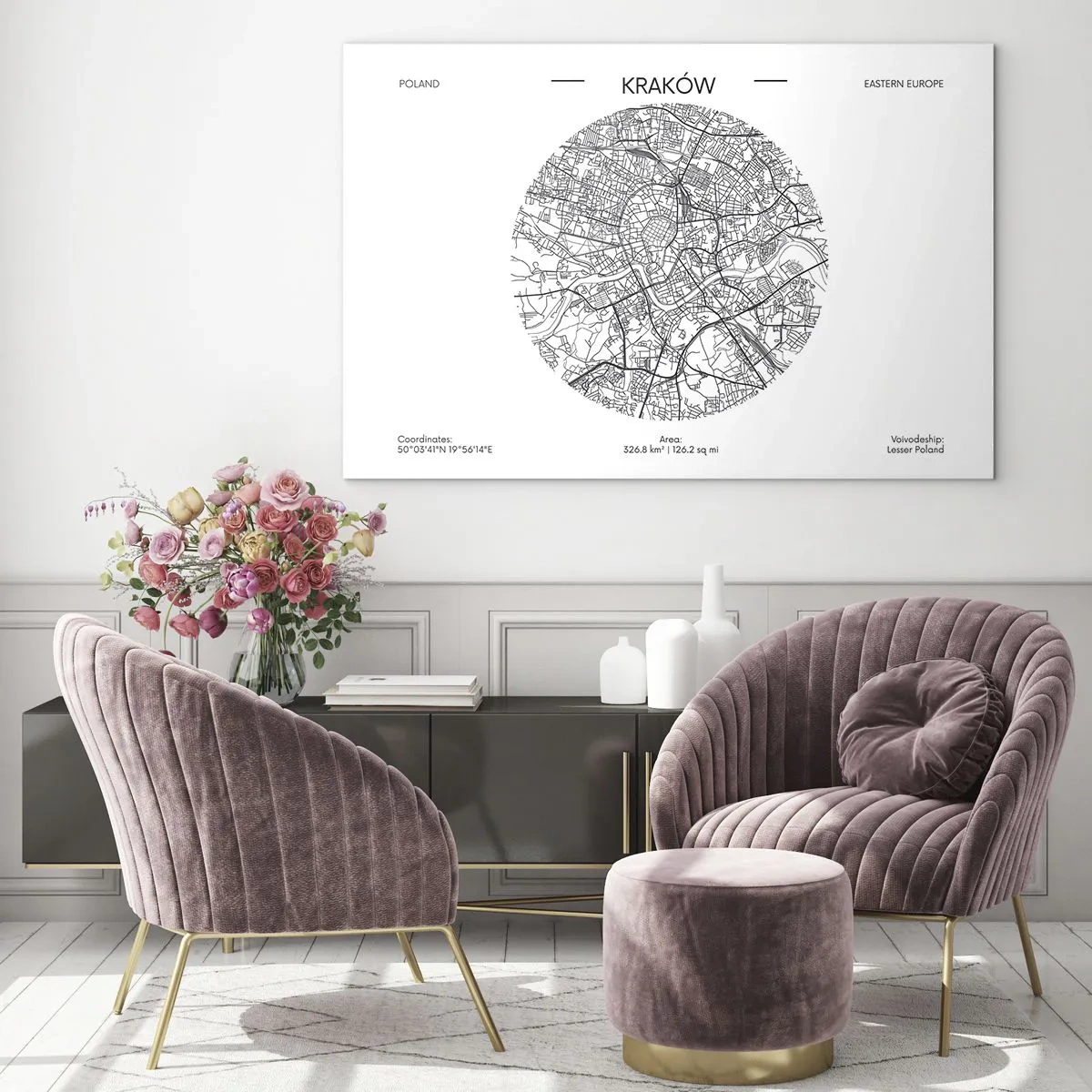 Obraz na skle - Mapa Krakova v černobílém ilustračním stylu - 70x50cm - Anatomie Krakova - Moderní nástěnná dekorace do obývacího pokoje a ložnice ARTTOR