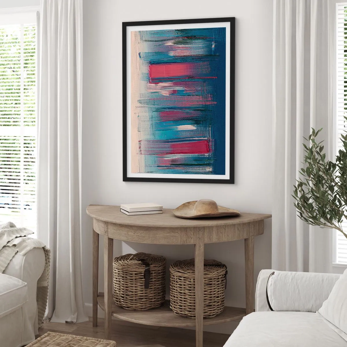 Plakát v černém rámu - Abstraktní kompozice v odstínech modré a červené - 50x70cm - Vertikální kompozice v modré a červené - Moderní nástěnná dekorace do obývacího pokoje a ložnice ARTTOR