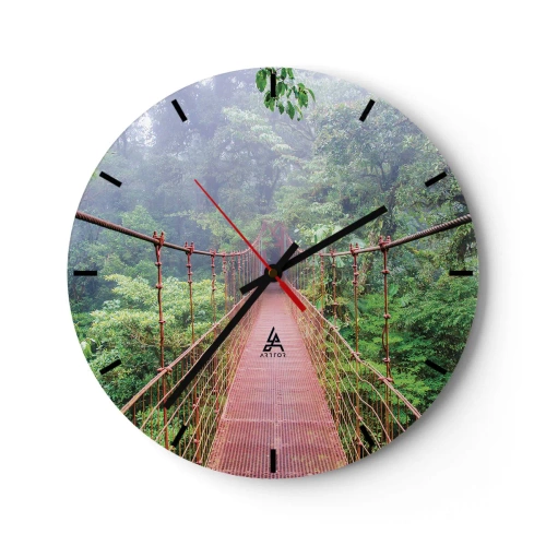 Nástěnné hodiny - Červený visutý most uprostřed tropické džungle - 30x30cm - Zavěšený nad korunami - Moderní nástěnná dekorace do obývacího pokoje, kuchyně a ložnice ARTTOR