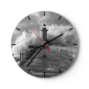Nástěnné hodiny - Maják na pozadí rozbouřených vln a racků - 30x30cm - Nebojácná - Moderní nástěnná dekorace do obývacího pokoje, kuchyně a ložnice ARTTOR