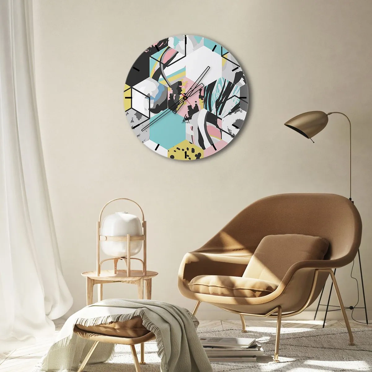 Nástěnné hodiny - Šestiúhelníky a krychle v šesti barvách - 30x30 cm