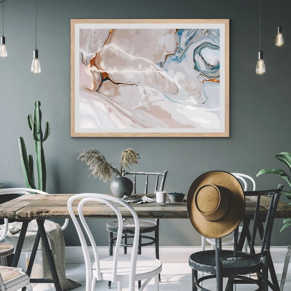 Plakát v rámu světlý dub - Modré meandry pod bílou - 91x61 cm