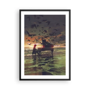 Plakát v černém rámu - Silueta pianisty na pozadí západu slunce - 50x70cm - Koncert na piano a vlny - Moderní nástěnná dekorace do obývacího pokoje a ložnice ARTTOR