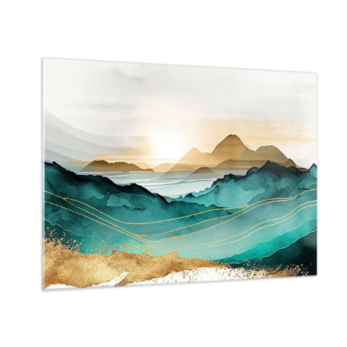Obraz na skle - Zlatá a tyrkysová horská krajina ve stylu akvarelu. - 70x50cm - Na pokraji abstrakce – krajina - Moderní nástěnná dekorace do obývacího pokoje a ložnice ARTTOR
