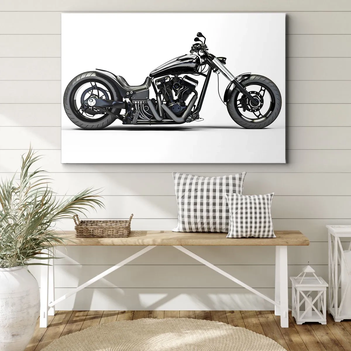 Obraz na plátně - Stylový černý motocykl na zakázku na bílém pozadí - 70x50cm - Pro milující svobodu - Moderní nástěnná dekorace do obývacího pokoje a ložnice ARTTOR
