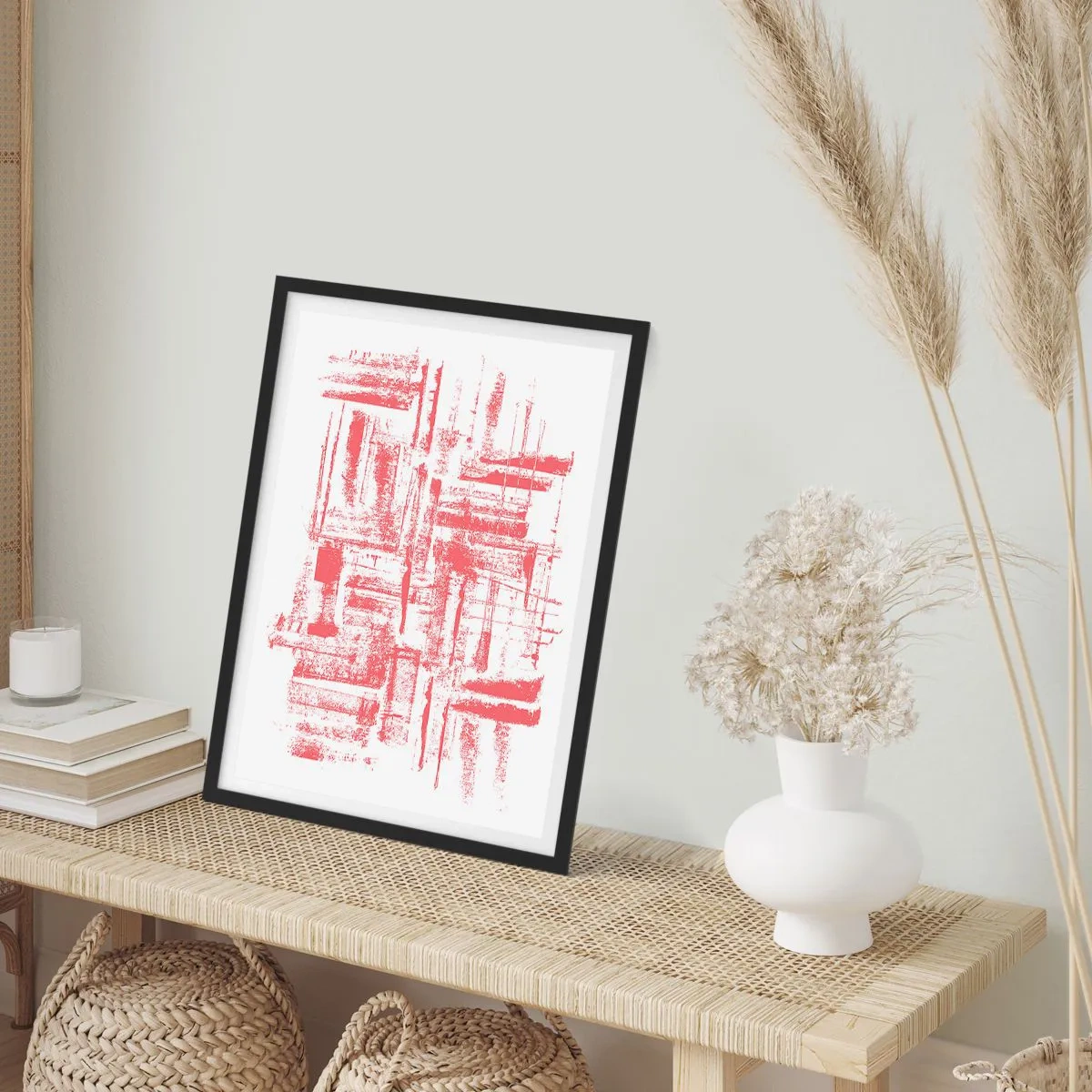 Plakát v černém rámu - Červené geometrické čáry na bílém pozadí - 50x70cm - Červené město - Moderní nástěnná dekorace do obývacího pokoje a ložnice ARTTOR