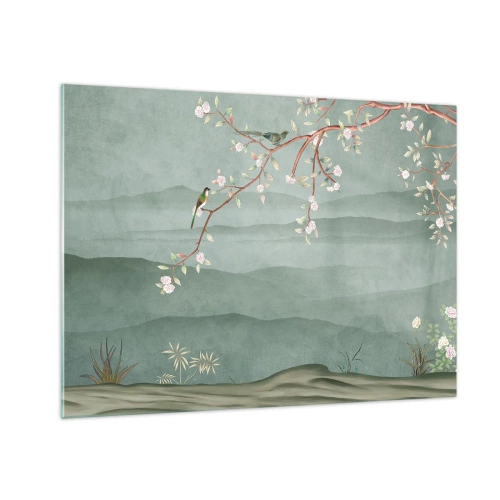 Obraz na skle - Větev s květinami a ptáky na pozadí zelených kopců - 70x50cm - Jaro je tady - Moderní nástěnná dekorace do obývacího pokoje a ložnice ARTTOR