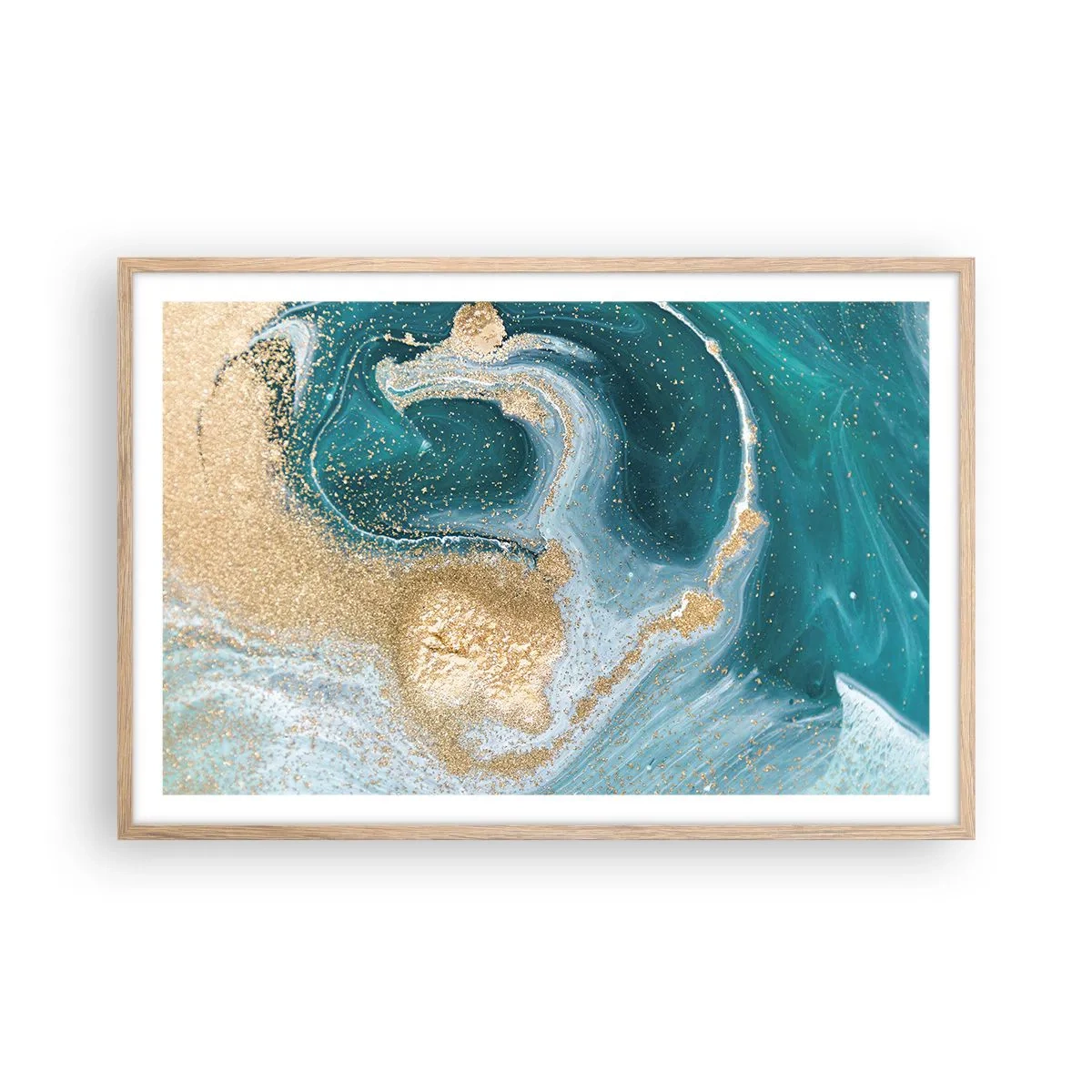 Plakát v rámu světlý dub - Vír zlaté a tyrkysové - 91x61 cm