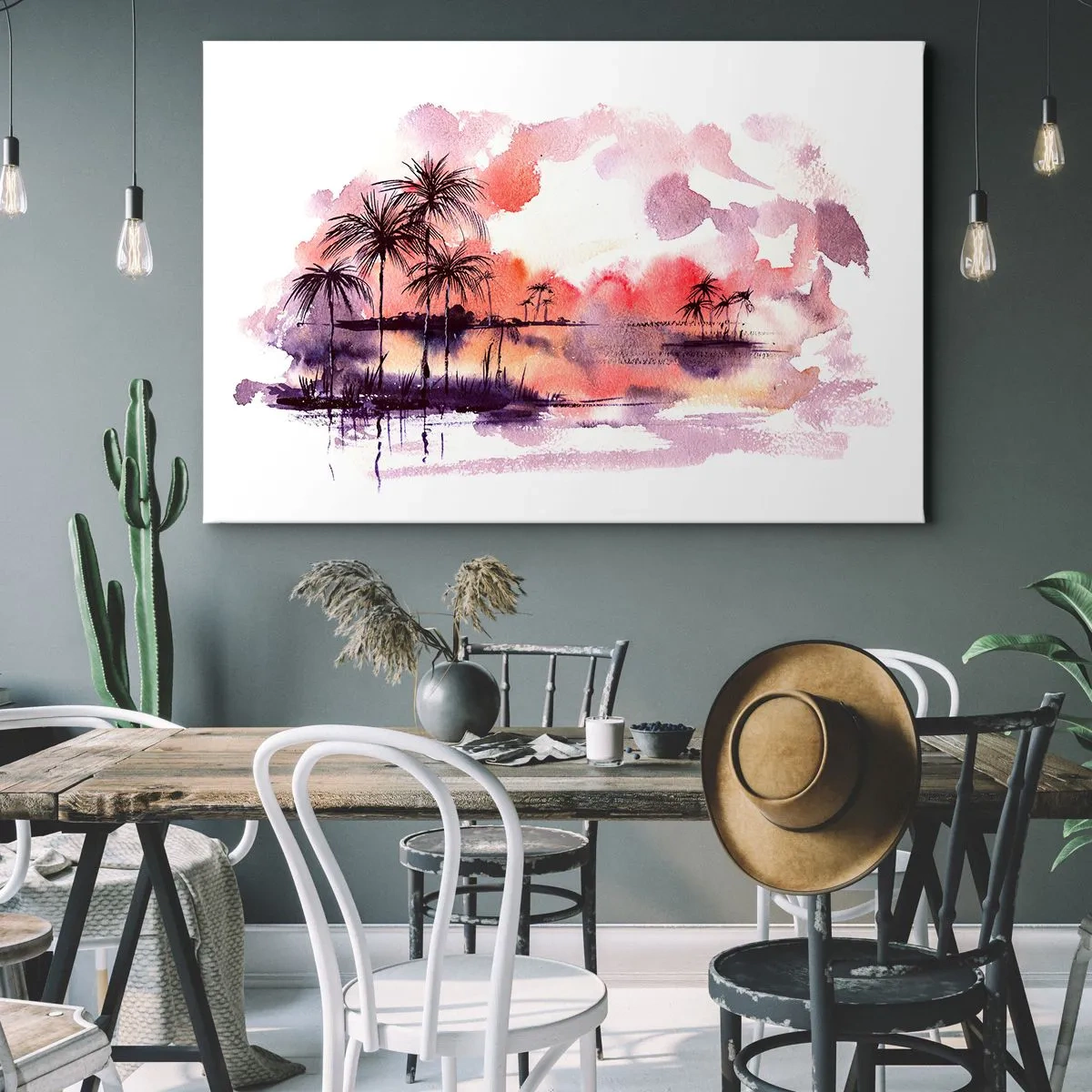 Obraz na plátně - Tropická krajina s palmami při západu slunce v akvarelu - 70x50cm - Klid tropů v červené - Moderní nástěnná dekorace do obývacího pokoje a ložnice ARTTOR